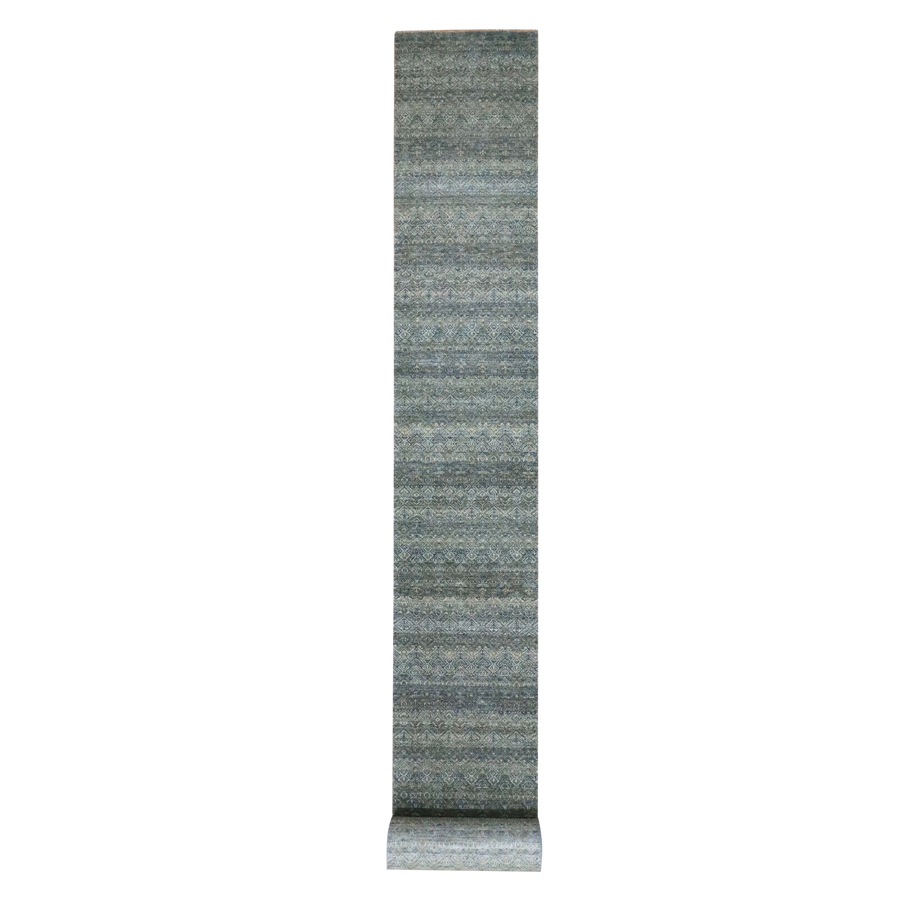 Ocean Blue, Hand Knotted, Kohinoor Herat Pattern, Small Geometric Repetitive Diamond Design, Soft Wool, Tone on Tone, Narrow and XL Runner, Oriental Rug